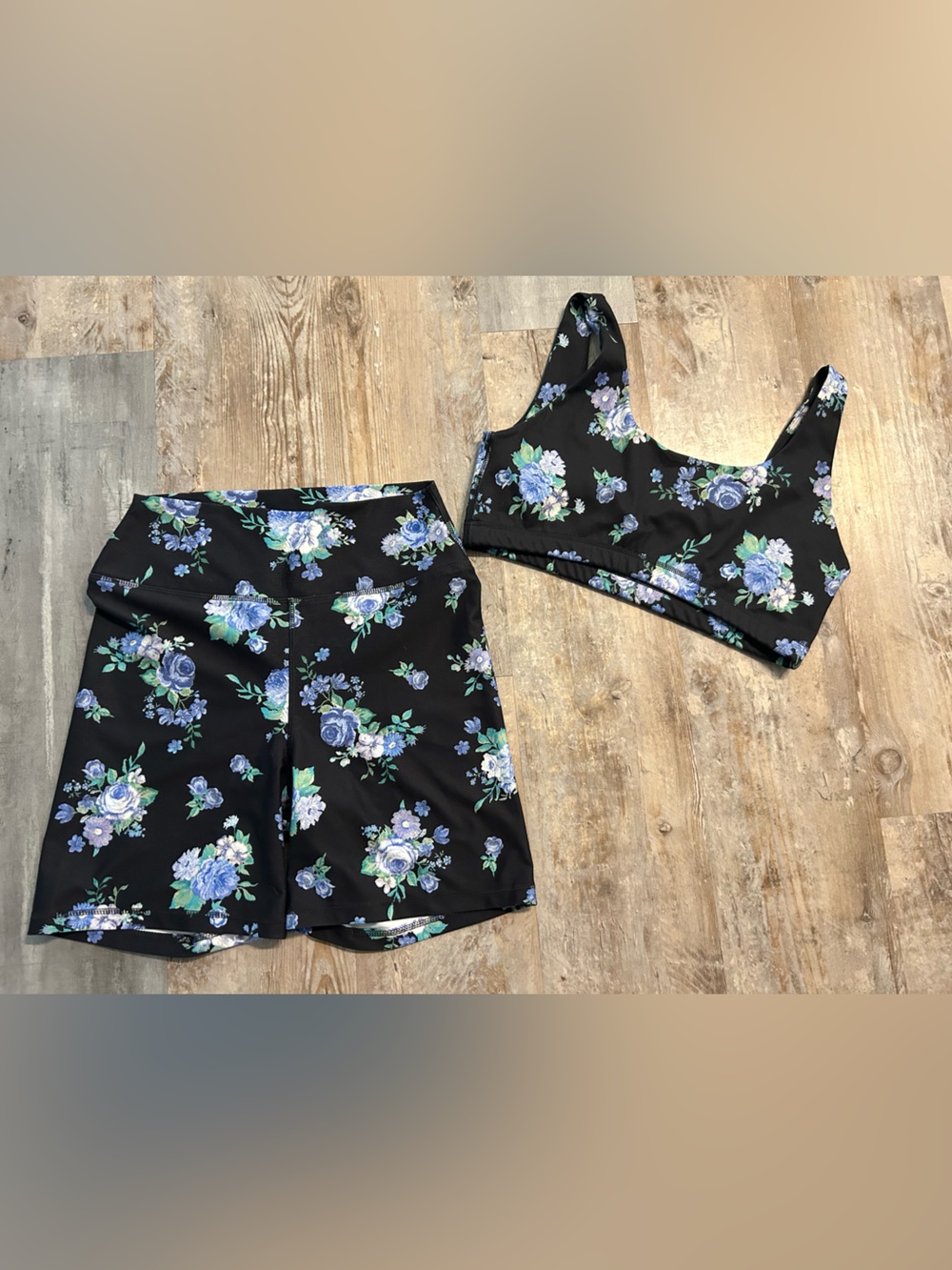We wore what floral shorts and matching sports bra. Size large